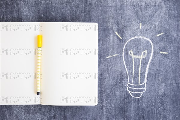 Felt tip pen blank notebook with drawn light bulb chalkboard