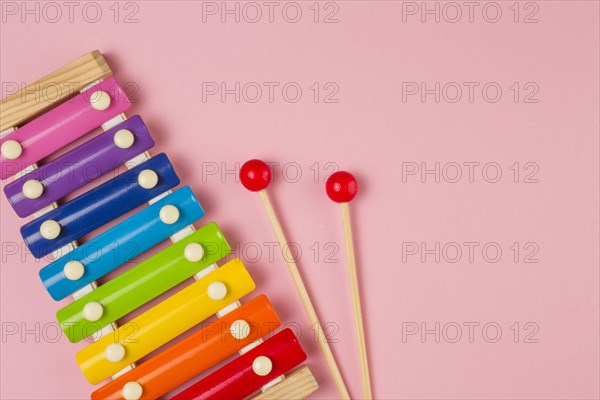 Flat lay colorful xylophone baby shower