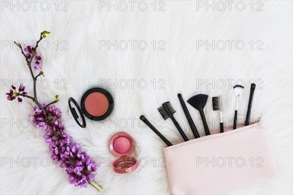 Many makeup brushes out pink bag flower twig compact face powder soft white fur