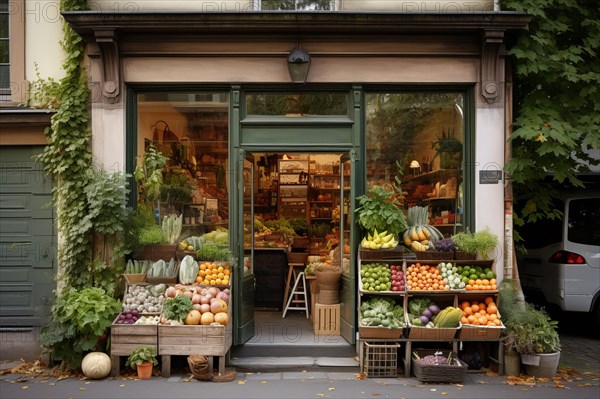 A rustic fruit and vegetable shop with various crates of fruit and vegetables in front of the door