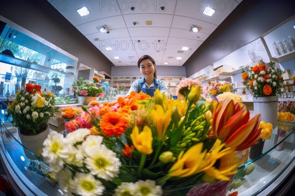 Cheerful Asian florist at work in a modern flower shop