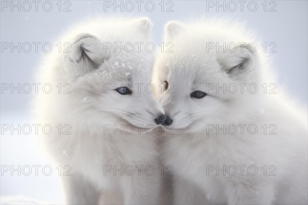 Two Arctic fox cubs with soft fur snuggle together