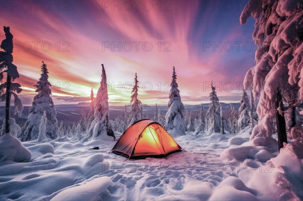 A red tent lit from the inside in vast arctic wilderness in winter