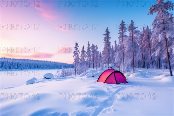 A tent lit from the inside in vast arctic wilderness in winter