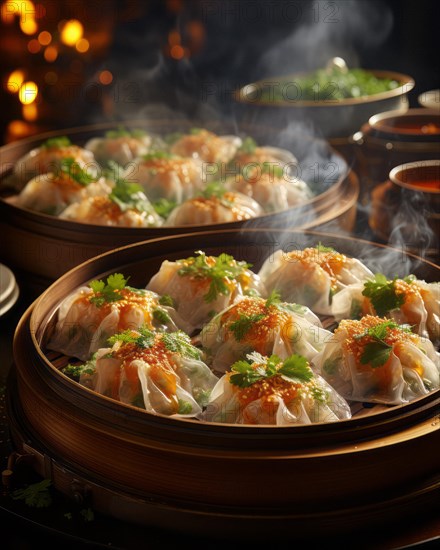 Plate of delicately prepared Chinese dim sum noodle pockets