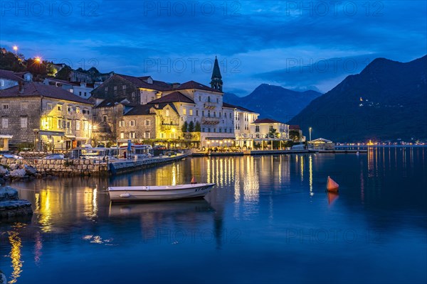 Perast with the Sveti Nikola Church on the Bay of Kotor at dusk