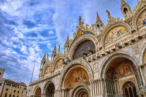 Upshot view of main facade of St Mark's or San Marco cathedral
