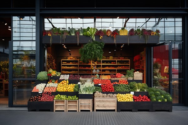 A modern fruit shop with various boxes of fruit and vegetables in front of the door