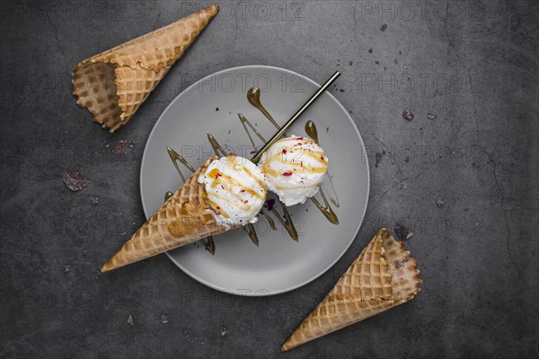 Top view ice cream cones plate