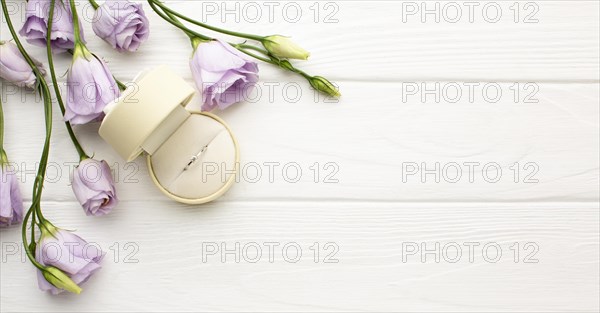 Wedding ring flowers copy space
