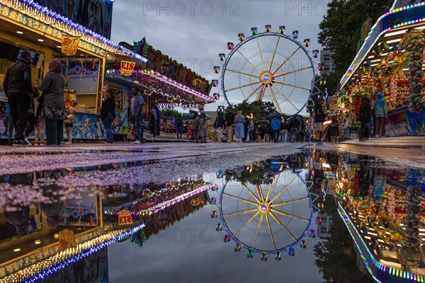 The colourful lights of the Mainfest are reflected in a puddle. The Mainfest on the Mainkai