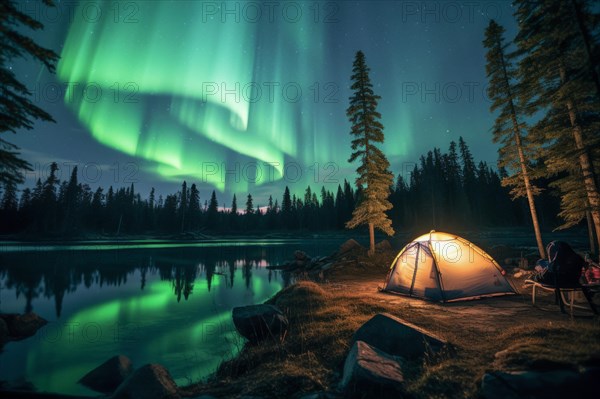 Yellow tent lit from inside in vast Canadian wilderness by a lake