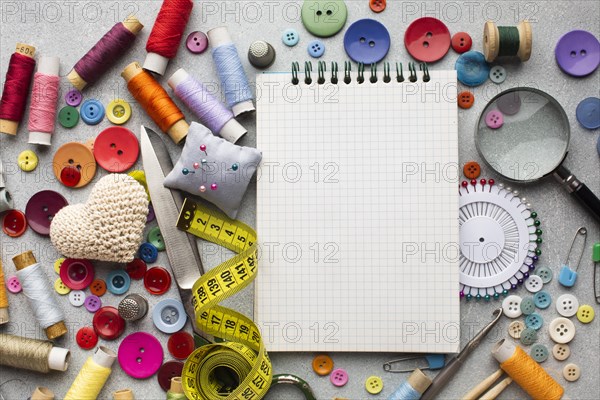 Top view haberdashery desk with accessories notepad