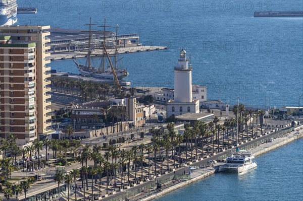 Harbour promenade Muelle Uno and lighthouse La Farola seen from above