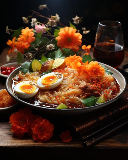 Steaming ramen soup bowl