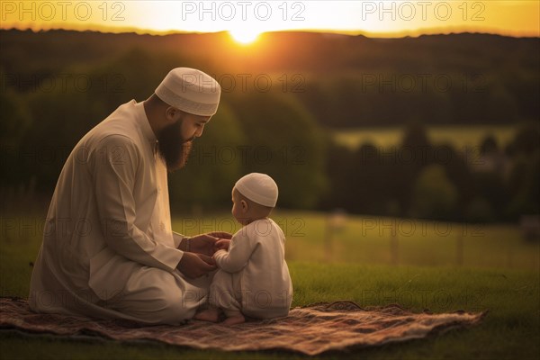 Muslim father and little daughter lovingly in a meadow