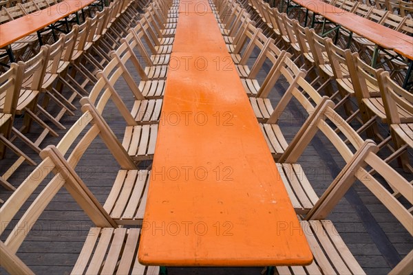 Empty rows of chairs and tables in a beer tent at the Rheinkirmes in Duesseldorf