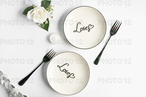 Top view wedding plates with white background