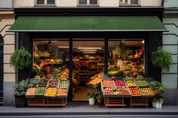 A rustic fruit and vegetable shop with various crates of fruit and vegetables in front of the door