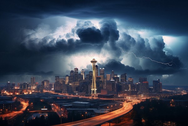 Storm with heavy thunderclouds and lightning over a major city by the sea