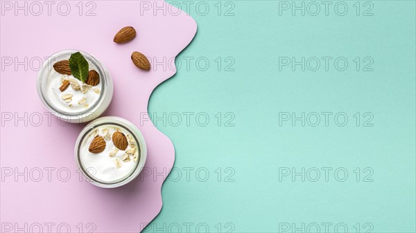 Top view healthy breakfast meal with yogurt arrangement
