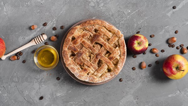 Top view pie with honey apples