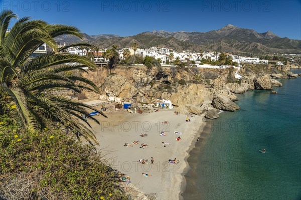 View from the Balcon de Europa to the beach Playa de la Calahonda in Nerja