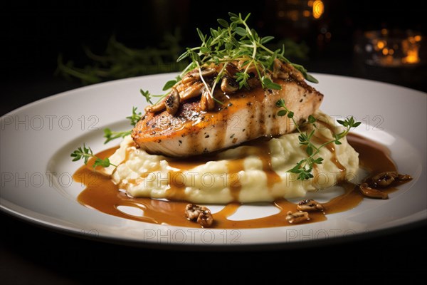 Plate of nicely decorated grilled chicken fillet with vegetables Chicken