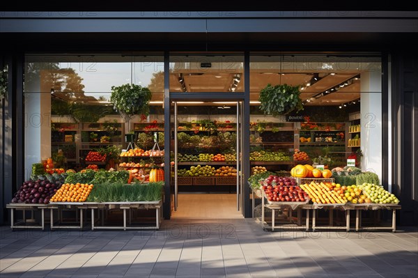 A modern fruit shop with various boxes of fruit and vegetables in front of the door