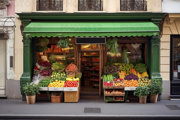 A rustic fruit and vegetable shop with various crates of fruit and vegetables in front of the door