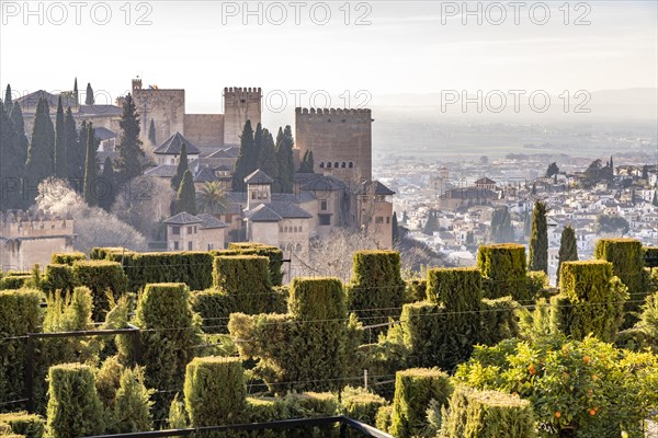 View from the Generalife of the Alhambra castle complex and the city of Granada