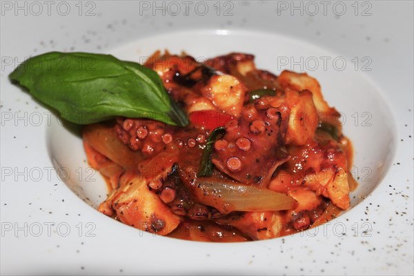 Octopus in red sauce on white plate