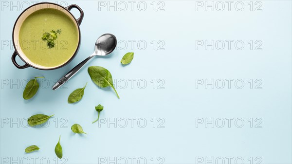 Top view homemade soup with broccoli