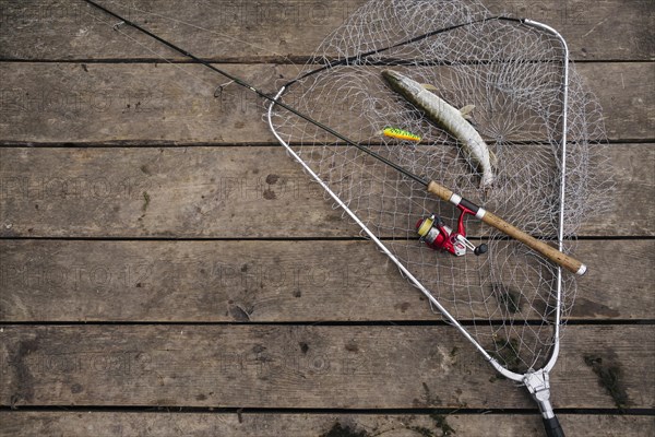 Freshly caught fish inside fishing net with fishing rod wooden pier