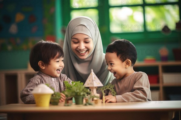 Children playing happily in kindergarten