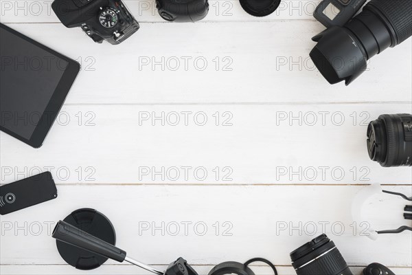 Top view professional graphy accessories white wooden table