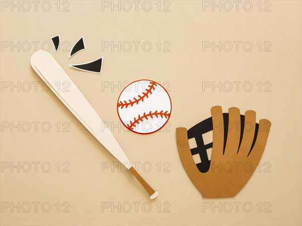 Top view baseball bat with glove ball