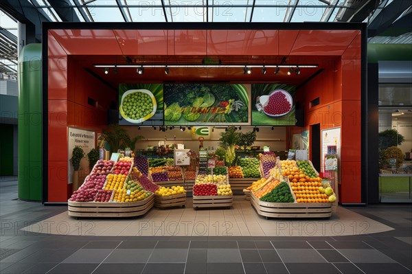 A modern fruit shop with various boxes of fruit and vegetables in front of the door