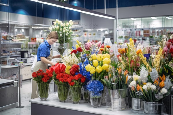Florist at work in a modern flower shop generating colourful bouquets