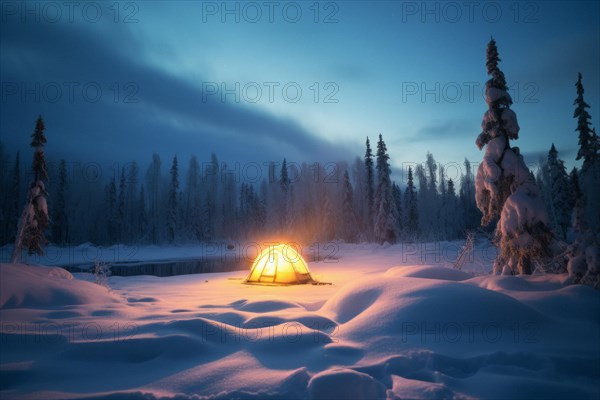 A yellow tent lit from the inside in vast arctic wilderness in winter