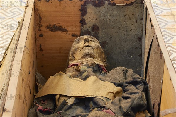 Coffin with mummy lying on the floor