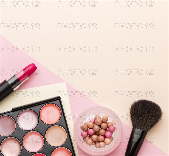 Top view collection beauty products with copy space