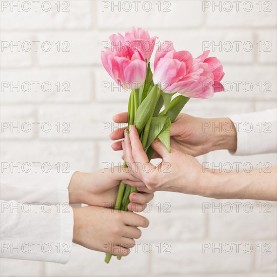 Boy offering flowers mother