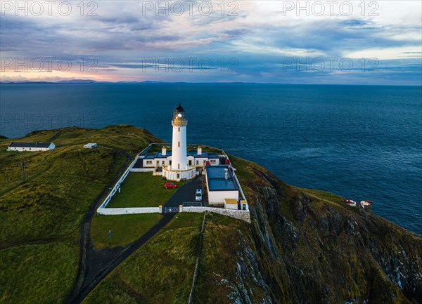Sunset over Mull of Galloway Lighthouse from a drone