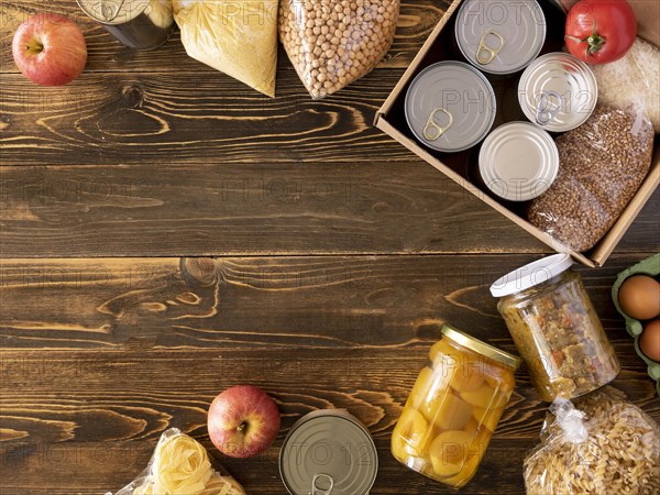 Top view food donation with box