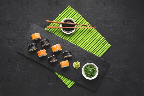 Top view sushi plating bamboo mat