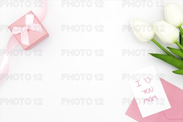 Top view white tulips with copy space