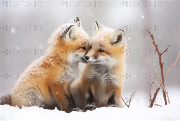 Two Arctic fox cubs with soft fur cuddle up to each other in Arctic winter landscape during snowfall