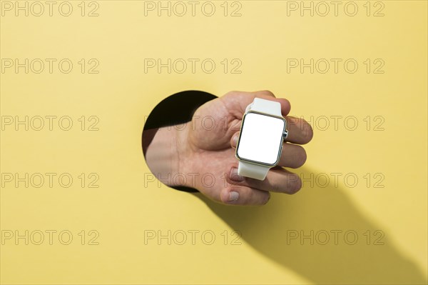 Front view mockup smartwatch held by person