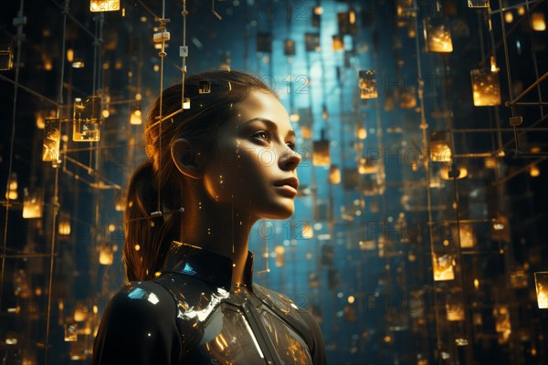 A young woman merges with the digital world of AI